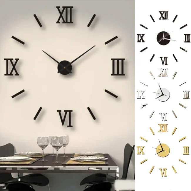 3D Mirror Effect DIY Wall Clock Modern Design Home Decor Art Living Room Watch