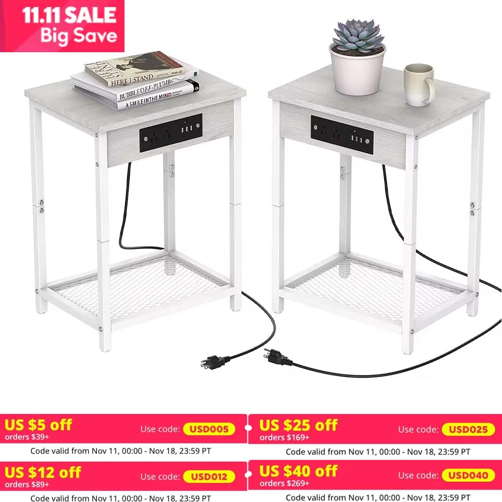 Nightstands Set of 2 with Charging Station, 2 Tier Bedside Table with USB Ports and Outlets, Narrow End Table with Storage Shelf