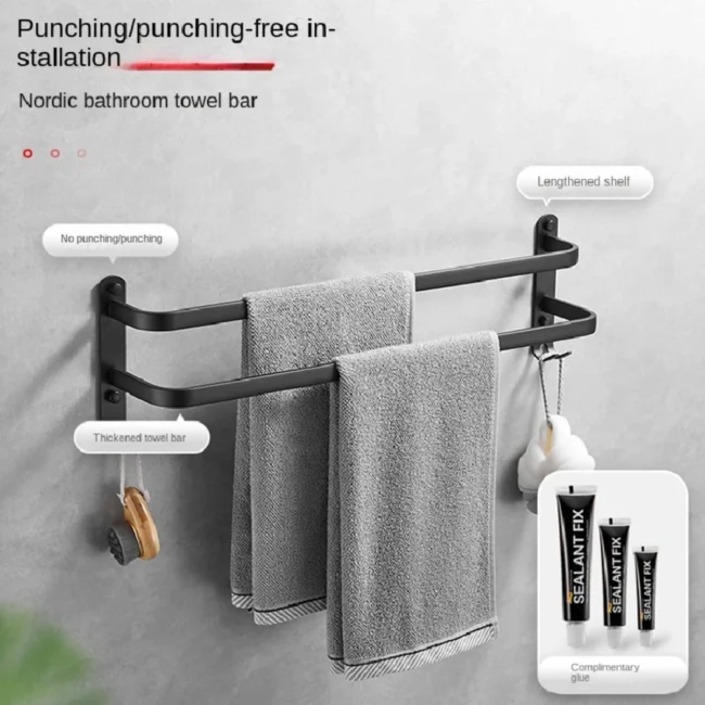 1pc Black Space Aluminum Towel , Towel Rack For Bathroom, Wall Mounted Towel Holder, Bathroom Towel Hanger, Bathroom Accessories - Image 2