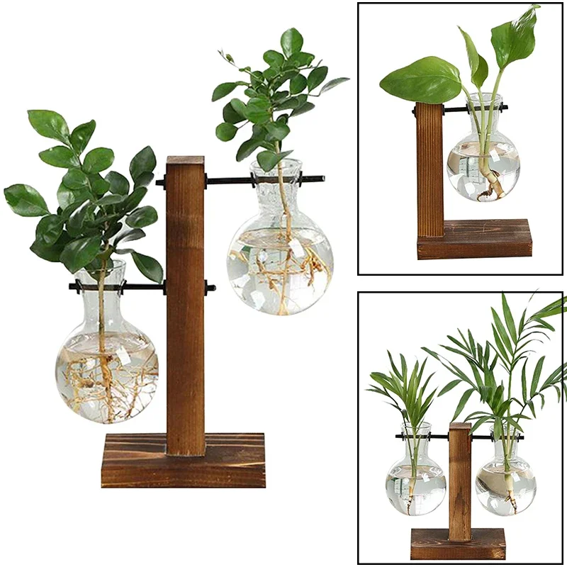 New Terrarium Hydroponic Plant Vases Vintage Flower Pot Transparent Vase Wooden Frame Glass Tabletop Plants Home Bonsai Decor